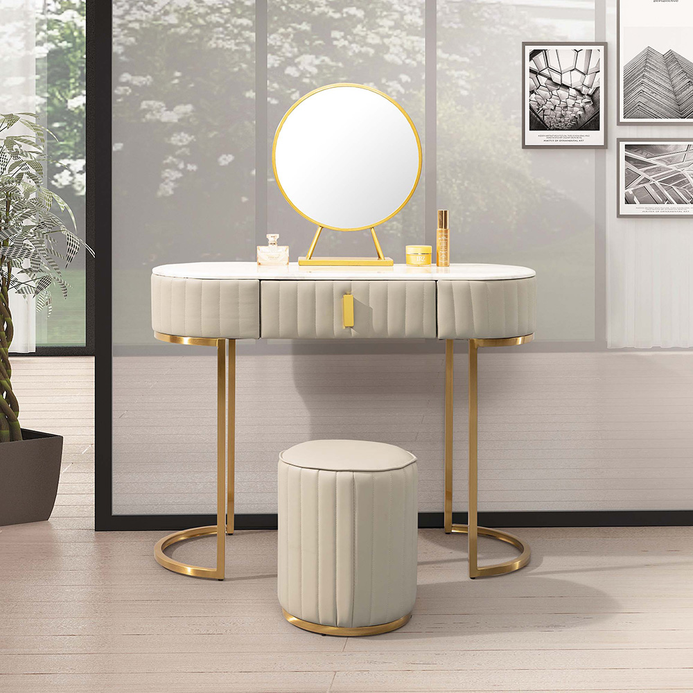 Bernice-德瑞娜3.3尺現代風石面皮革化妝桌/鏡台/梳妝台(附化妝椅及亮燈功能桌上鏡)