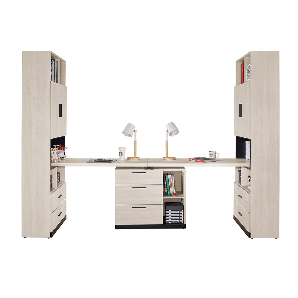 Bernice-恩斯8尺日系多功能書櫃型工作桌組合/伸縮書櫃+雙人書桌(A款)