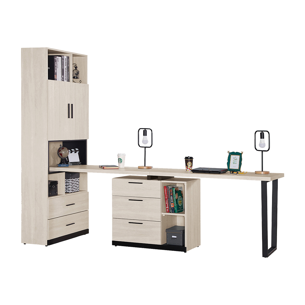 Bernice-恩斯8尺日系多功能書櫃型工作桌組合/伸縮書櫃+雙人書桌(B款)