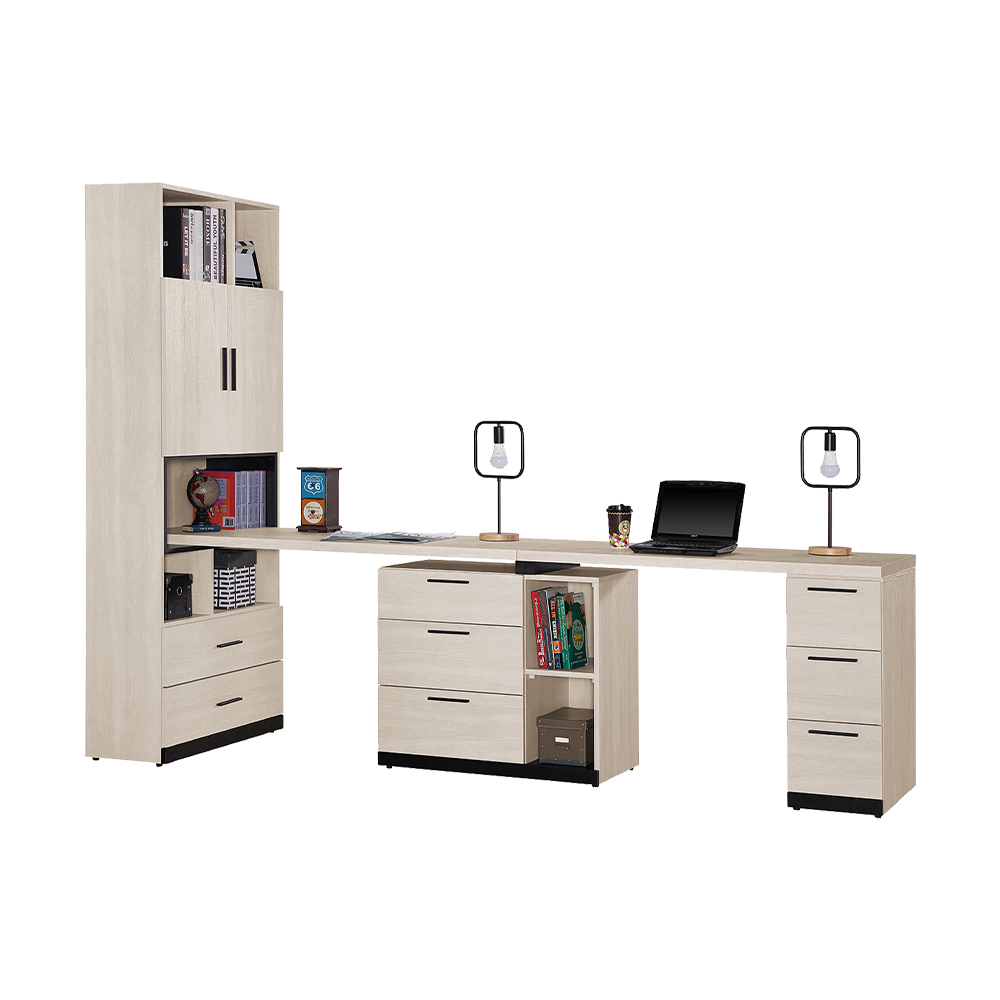 Bernice-恩斯9尺日系多功能書櫃型工作桌組合/伸縮書櫃+雙人書桌(C款)