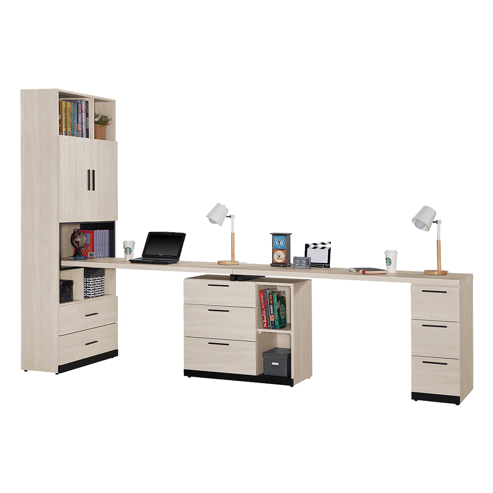 Bernice-恩斯10尺日系多功能書櫃型工作桌組合/伸縮書櫃+雙人書桌(E款)