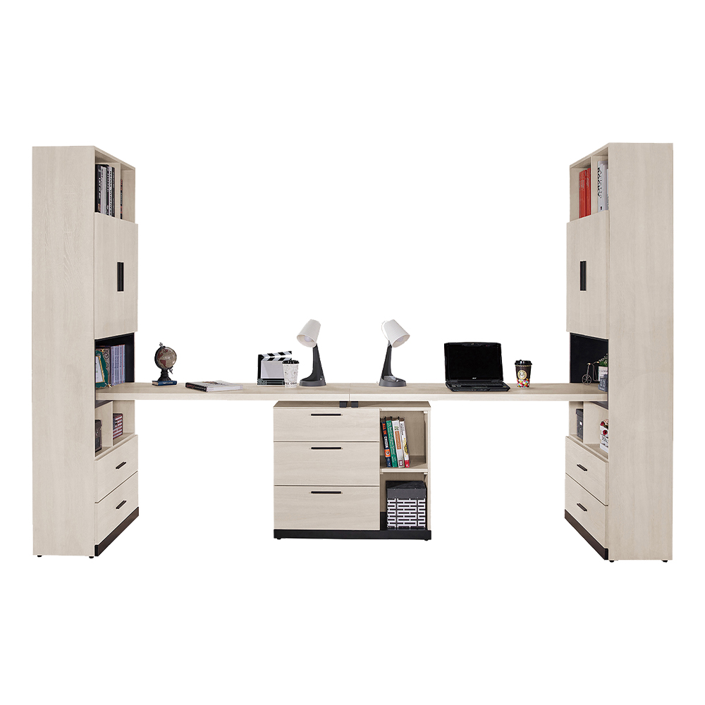 Bernice-恩斯10尺日系多功能書櫃型工作桌組合/伸縮書櫃+雙人書桌(F款)
