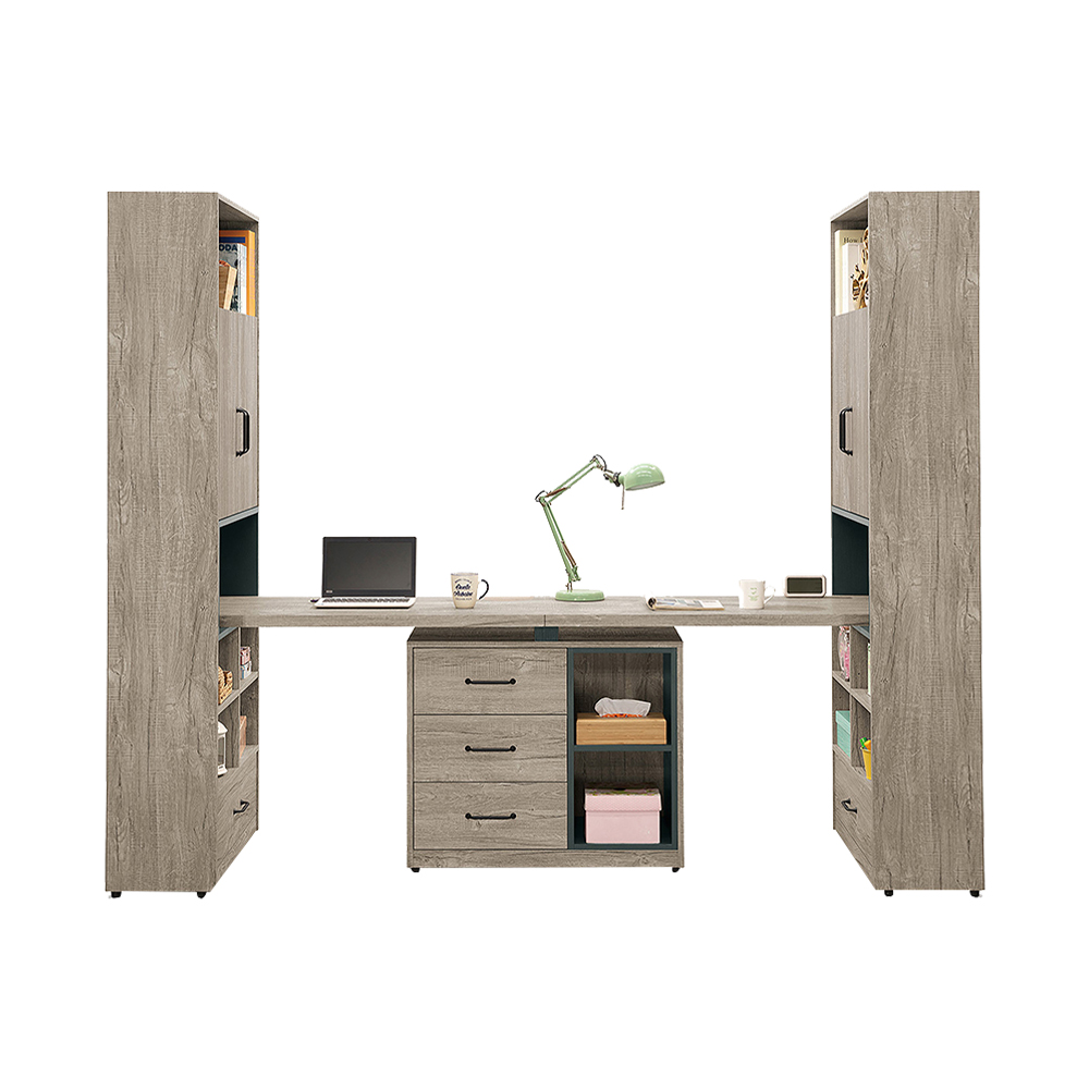 Bernice-本森8尺輕工業風多功能書櫃型工作桌組合/伸縮書櫃+雙人書桌(A款)