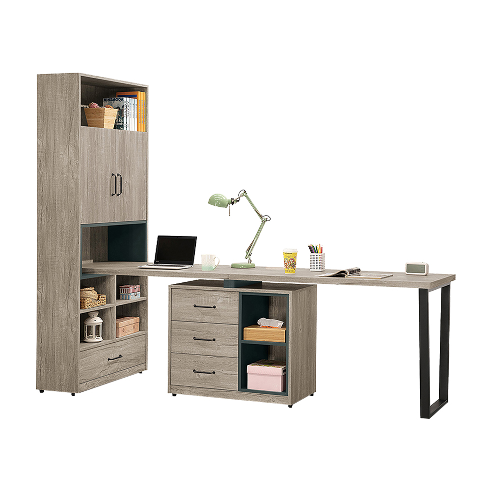 Bernice-本森8尺輕工業風多功能書櫃型工作桌組合/伸縮書櫃+雙人書桌(B款)