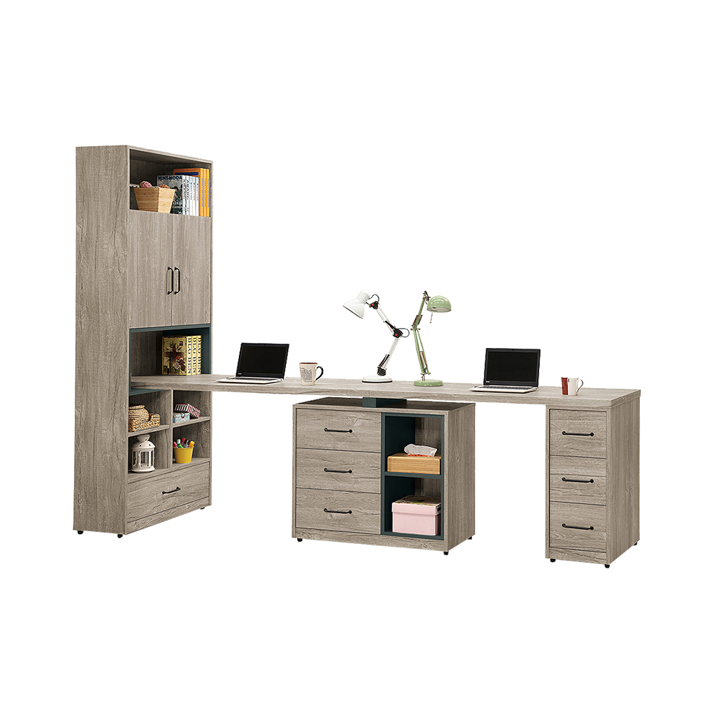 Bernice-本森9尺輕工業風多功能書櫃型工作桌組合/伸縮書櫃+雙人書桌(C款)