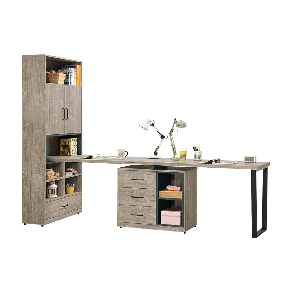 Bernice-本森9尺輕工業風多功能書櫃型工作桌組合/伸縮書櫃+雙人書桌(D款)
