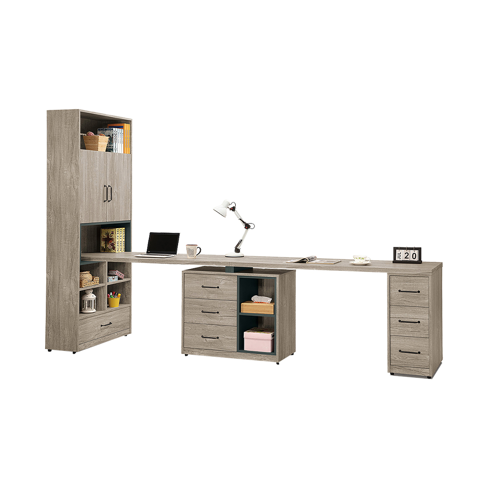 Bernice-本森10尺輕工業風多功能書櫃型工作桌組合/伸縮書櫃+雙人書桌(E款)