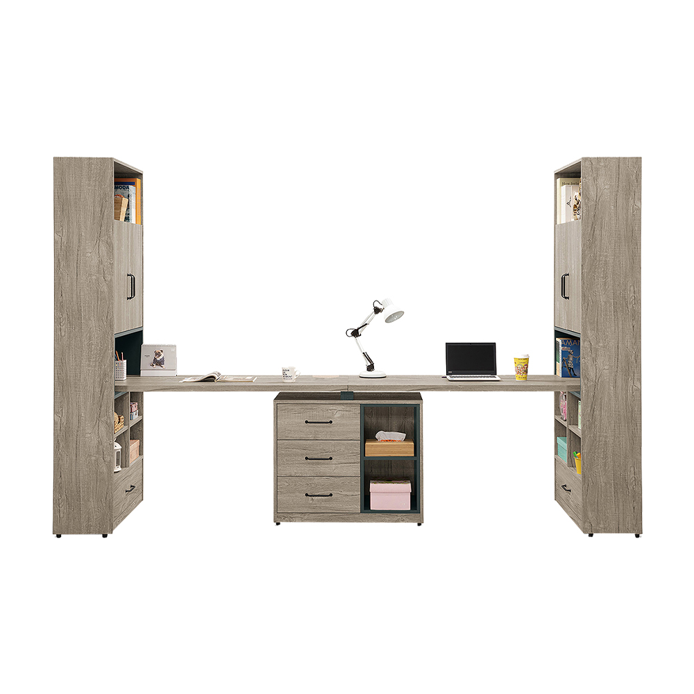 Bernice-本森10尺輕工業風多功能書櫃型工作桌組合/伸縮書櫃+雙人書桌(F款)