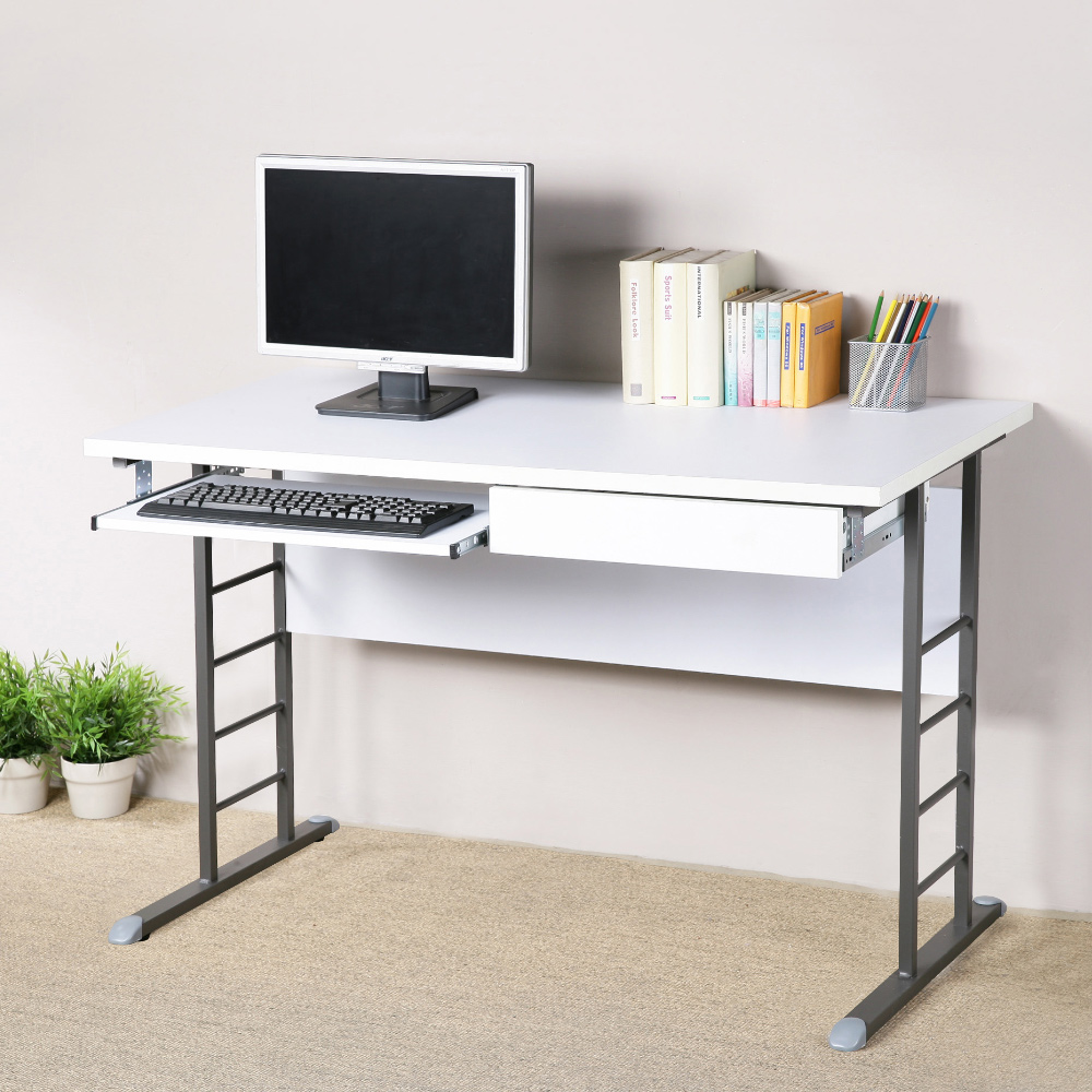 Homelike 馬克120cm書桌-白色加厚桌面(附抽屜.鍵盤架)