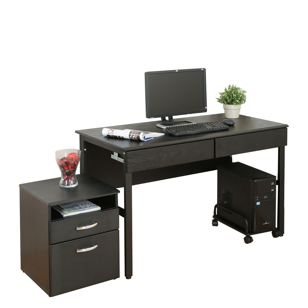 《DFhouse》頂楓120CM工作桌+2抽屜+主機架+活動櫃 -黑橡木色
