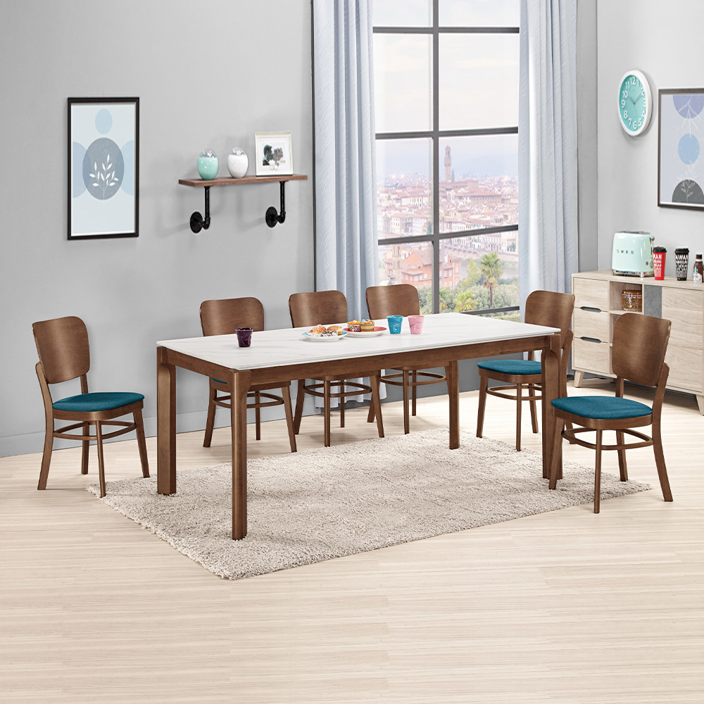 Boden-艾登6尺工業風實木岩板餐桌+米諾布面實木餐椅組合(一桌四椅)