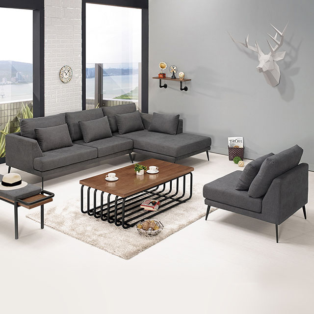 Bernice-達科斯L型灰色布沙發椅+單人沙發椅組合(送抱枕)(左右型可選)