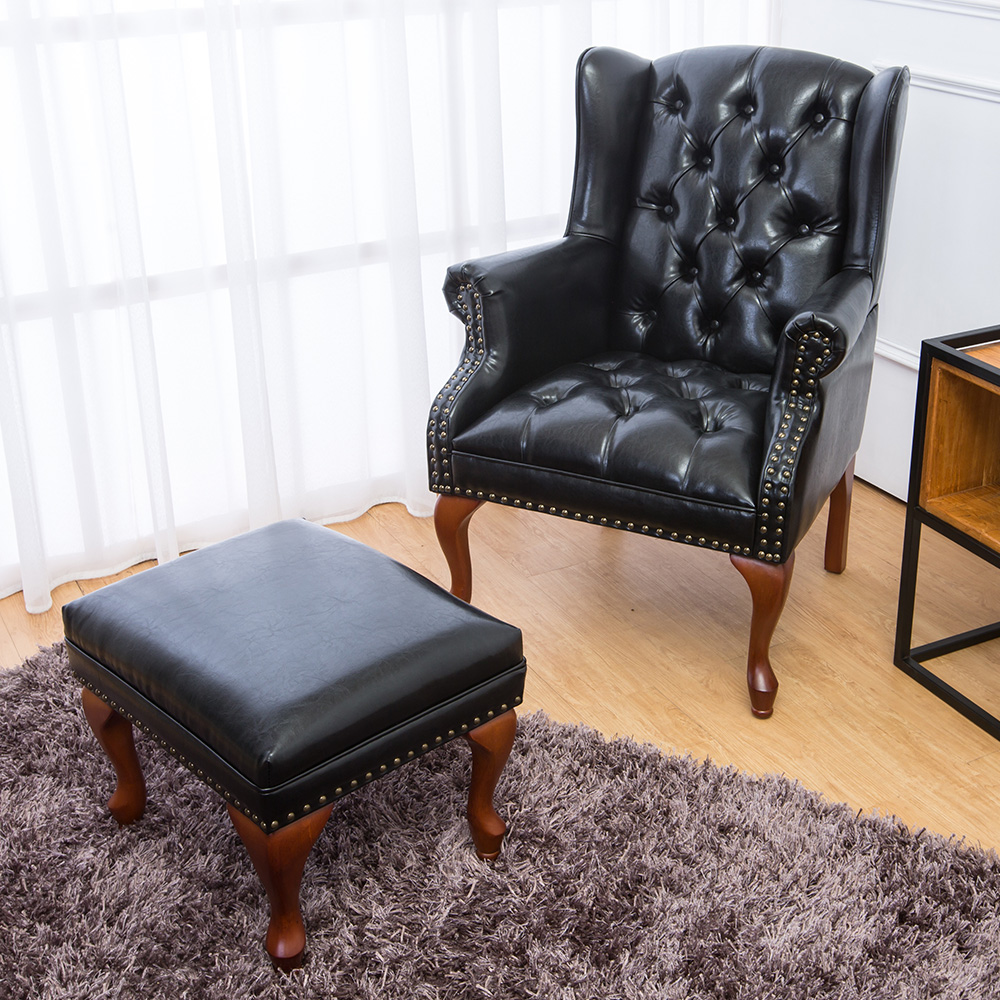 Bernice-貝莎美式復古風黑色皮沙發單人座椅+腳椅凳