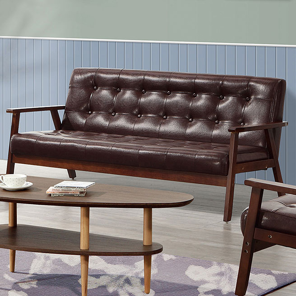 Bernice-茱莉咖啡色皮革實木沙發三人座/沙發椅