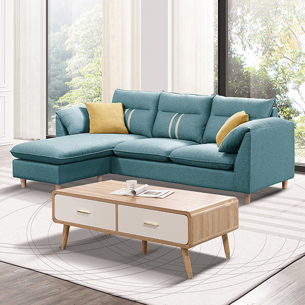 Bernice-蒂莫西L型水藍色布面獨立筒沙發-附抱枕(貴妃椅型)
