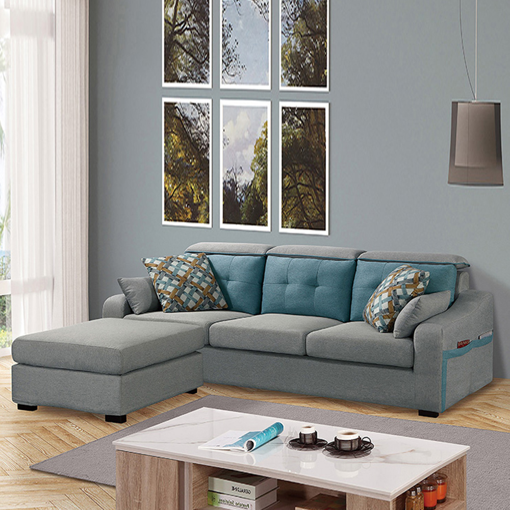 Bernice-古麗L型灰色布面獨立筒沙發組-附抱枕(三人座+收納型腳椅)
