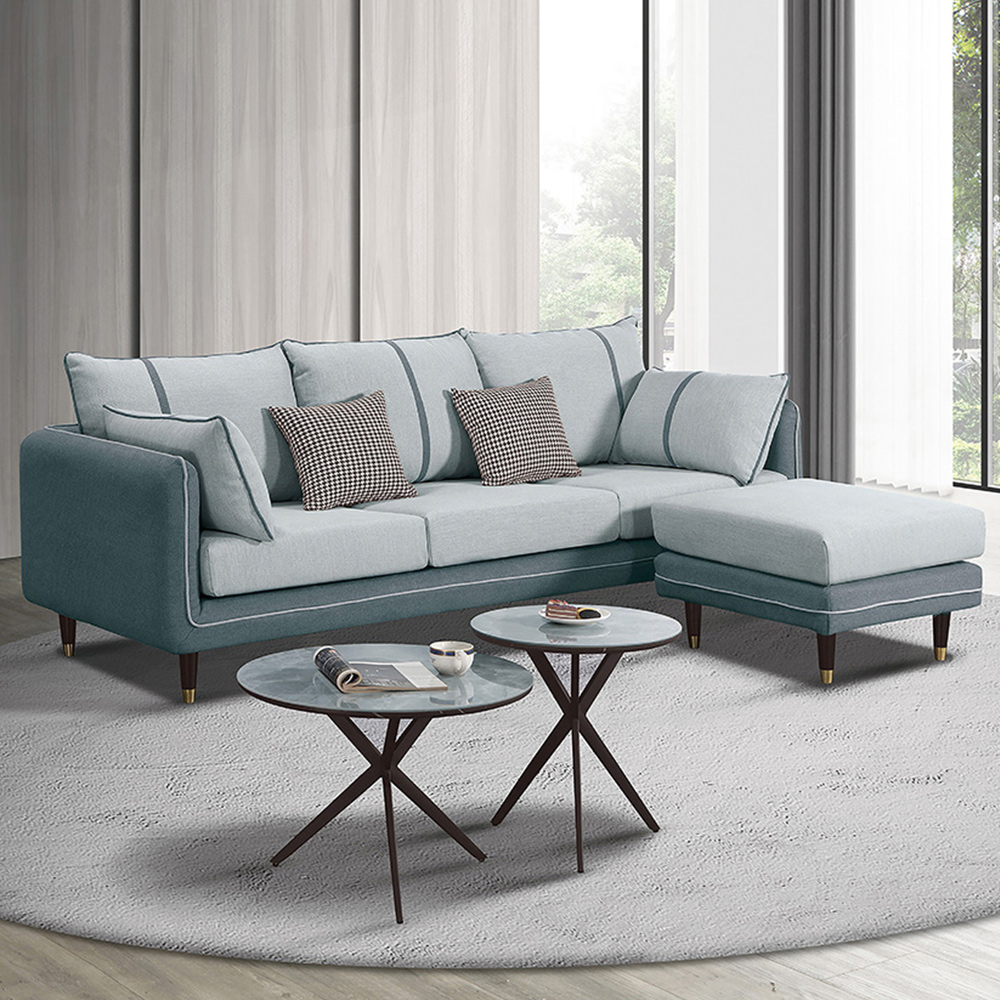 Bernice-費莉西L型灰色布面獨立筒沙發組-附抱枕(三人座+腳椅)