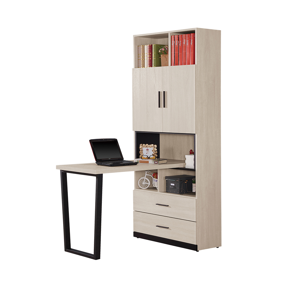 Bernice-德爾4尺L型書櫃+工作書桌組合(F款-2.7尺二門二抽書櫃+4尺書桌)
