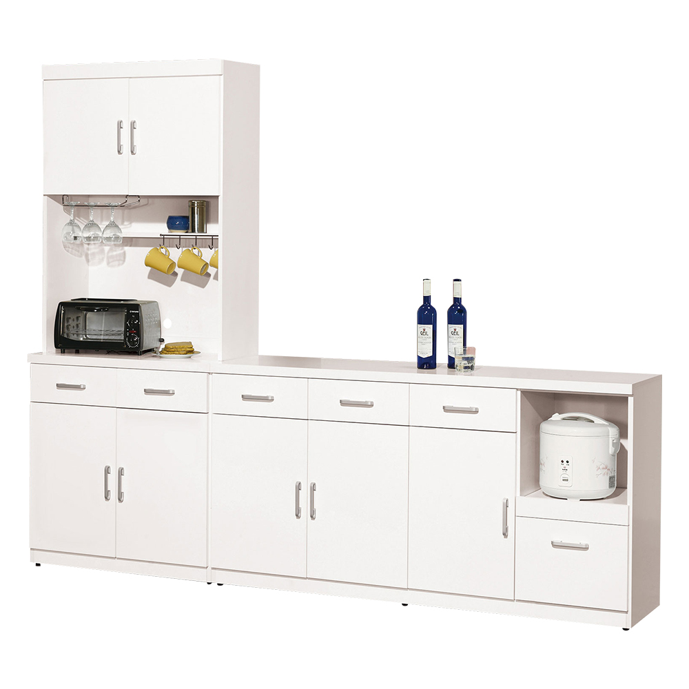 Bernice-羅納8.1尺L型收納餐櫃組合(2.7尺電器高餐櫃+5.4尺碗盤置物矮櫃)