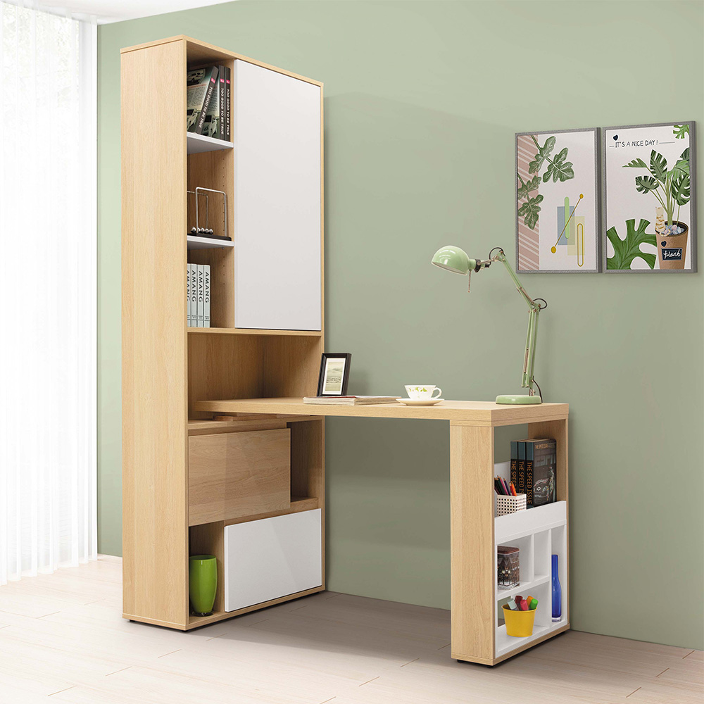 Bernice-萬斯L型多功能書櫃+書桌組合(2.7尺二抽開放式書櫃+4尺伸縮桌面)
