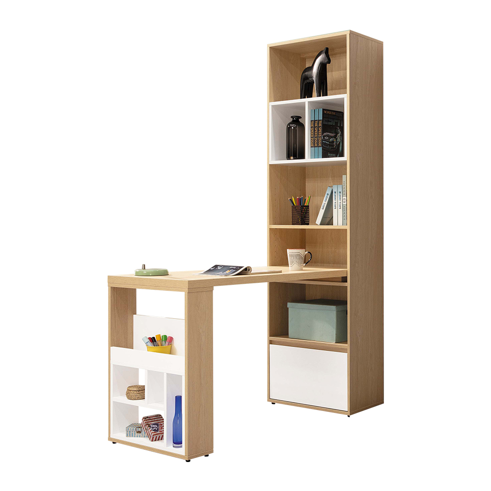 Bernice-萬斯L型多功能書櫃+書桌組合(2尺單抽開放式書櫃+4尺伸縮桌面)