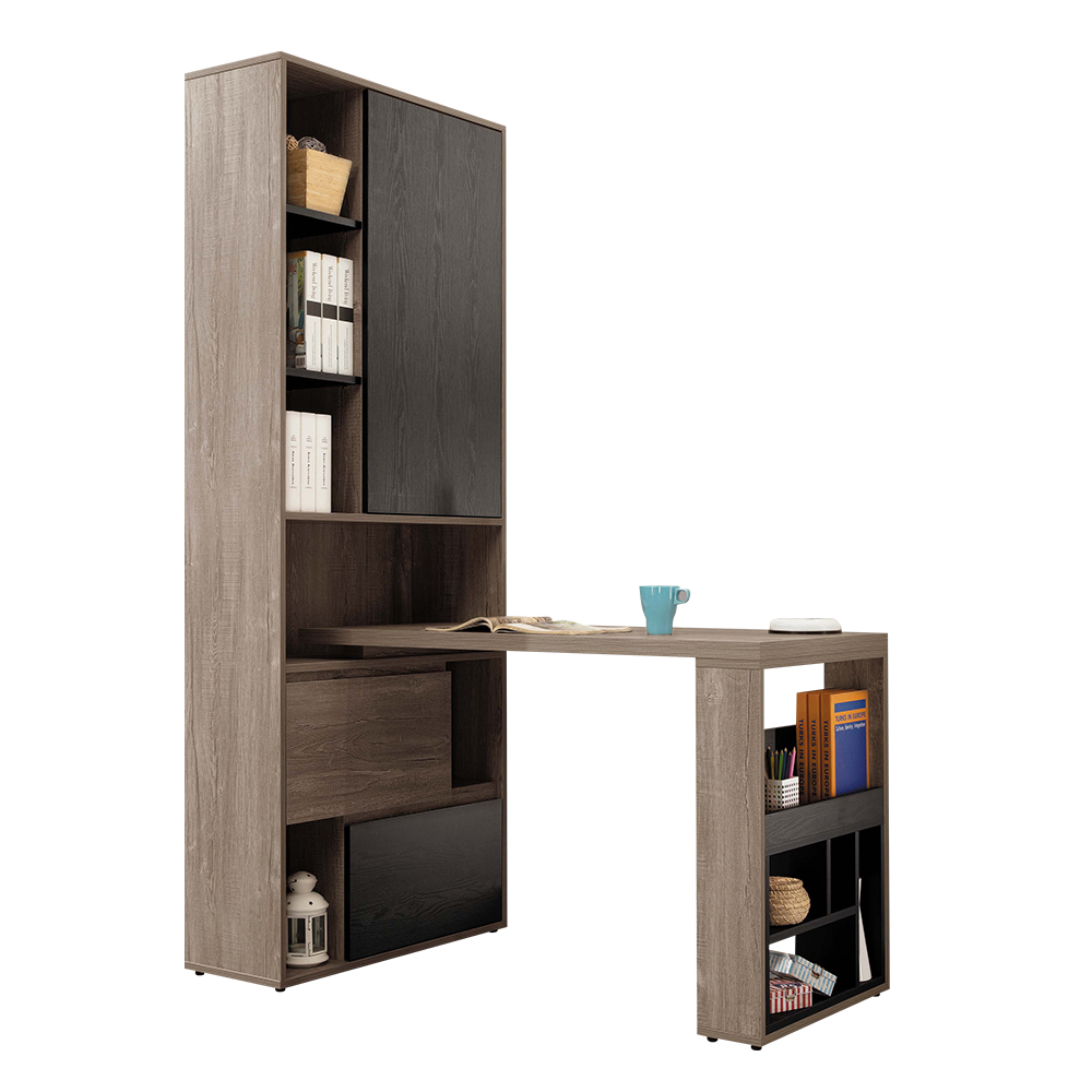 Bernice-瑪拉L型多功能書櫃+書桌組合(2.7尺二抽開放式書櫃+4尺伸縮桌面)