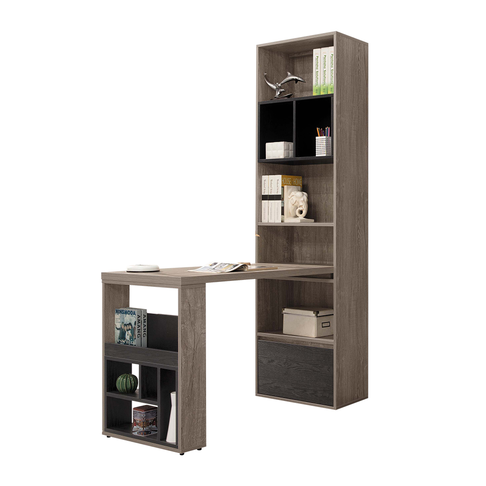 Bernice-瑪拉L型多功能書櫃+書桌組合(2尺單抽開放式書櫃+4尺伸縮桌面)