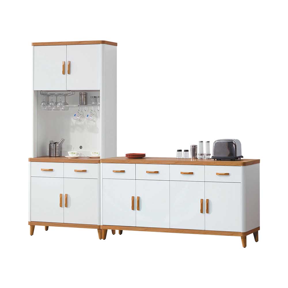 Bernice-貝思8尺雙色L型餐櫃組合(5.3尺碗盤置物矮櫃+2.8尺收納高餐櫃)