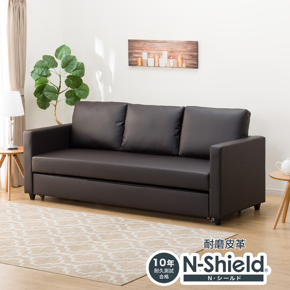 【NITORI 宜得利家居】◎耐磨耐刮貓抓皮 耐磨皮革3人用沙發床 NOARK2S N-SHIELD合成皮 DBR