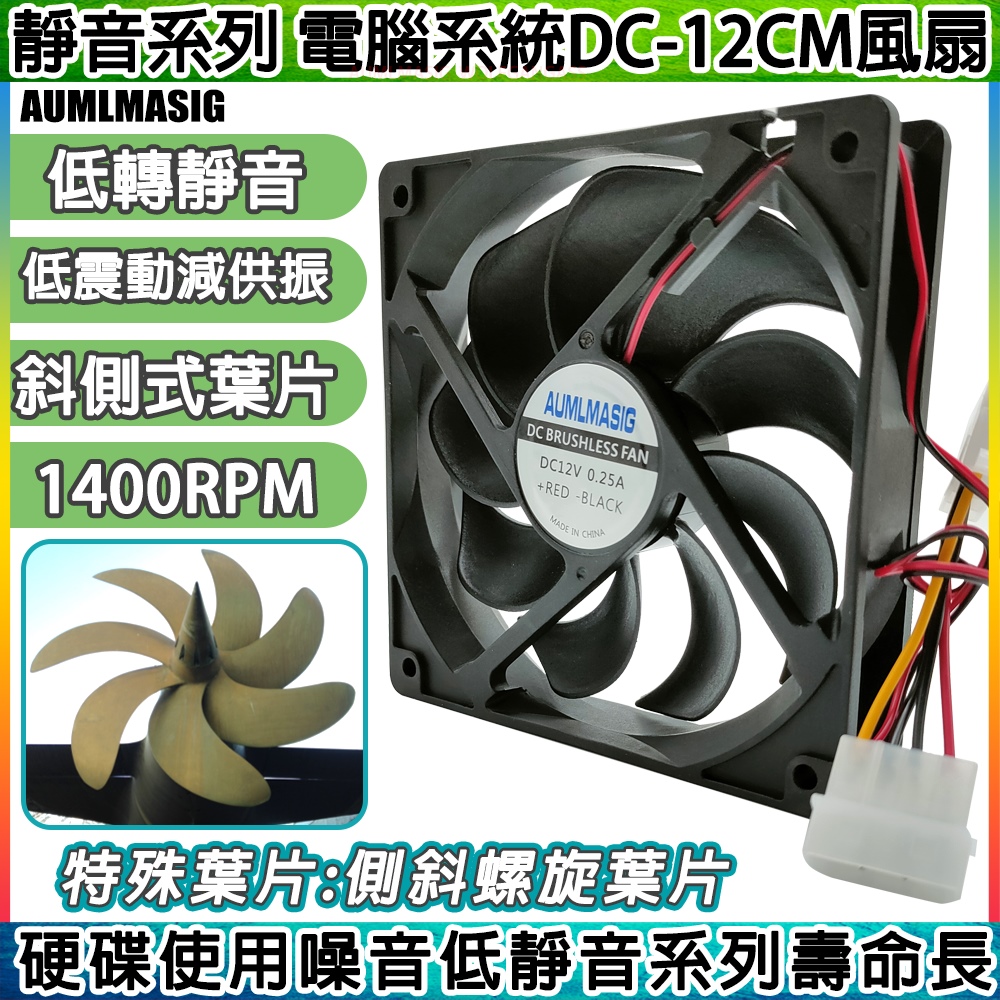 【AUMLMASIG全通碩】超靜音-1400RPM電腦系統風扇DC12CM 斜側式旋渦葉片節能機殼機械硬碟