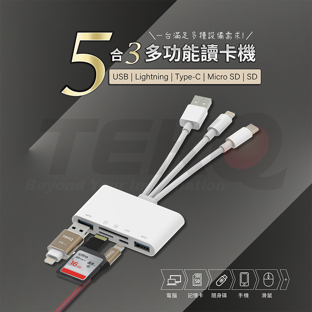 【TEKQ】五合三轉接頭 PD/雙USB/記憶卡多功能轉換