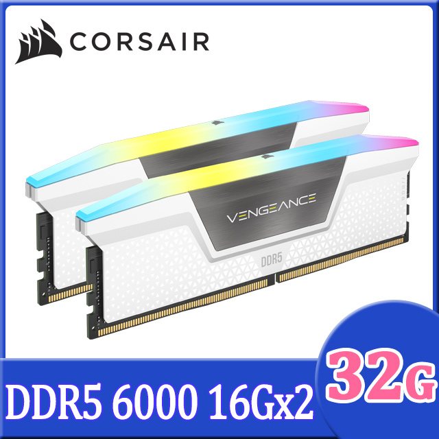 Corsair 海盜船 VENGEANCE RGB DDR5 6000 32GB(16Gx2) 桌上型記憶體-白色(CMH32GX5M2D6000C36W)