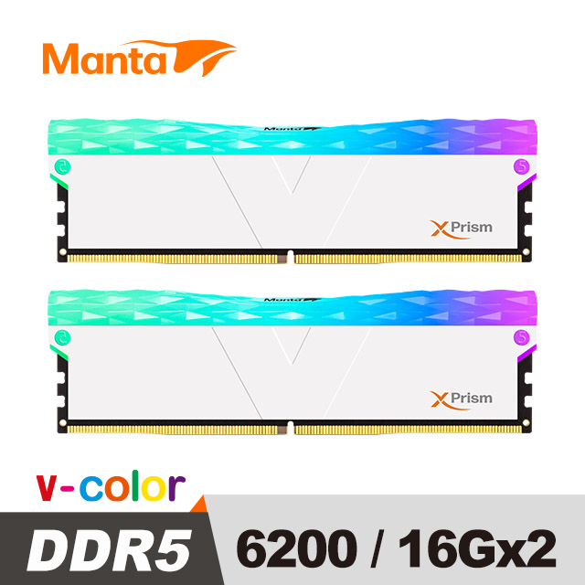 v-color 全何 MANTA XPrism 系列 DDR5 6200 32GB(16GB*2) RGB桌上型超頻記憶體(白)