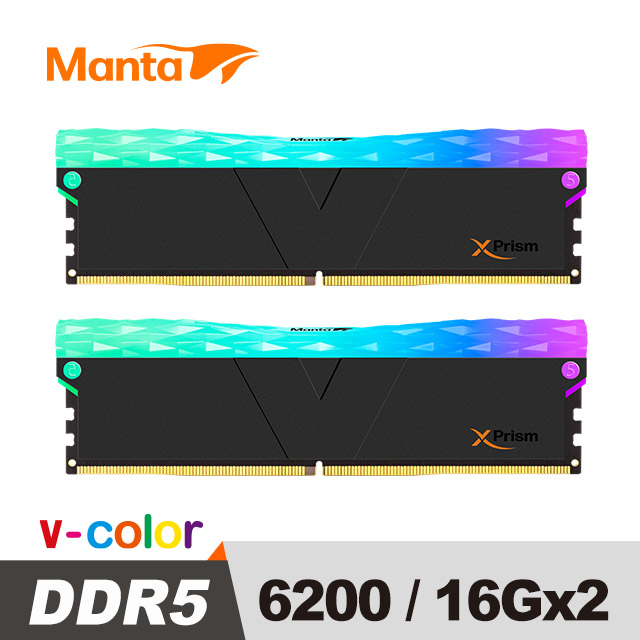 v-color 全何 MANTA XPrism 系列 DDR5 6200 32GB(16GB*2) CL36 RGB桌上型超頻記憶體 (黑)