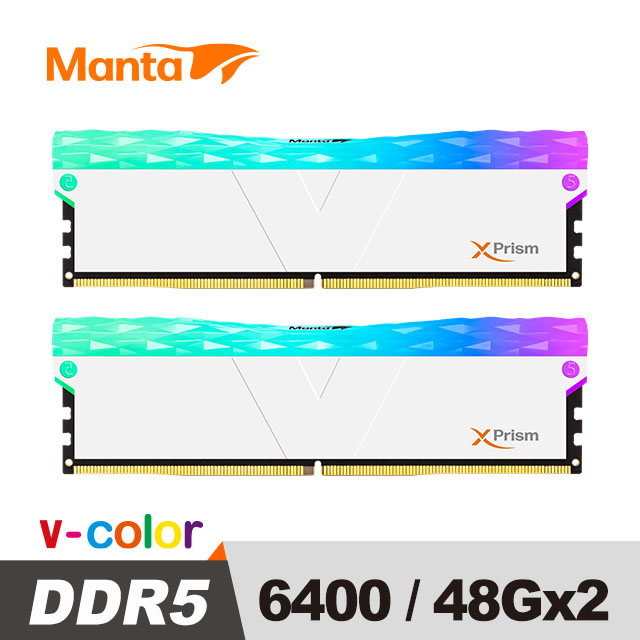 v-color 全何 MANTA XPRISM 系列 DDR5 6400 96GB (48GB*2) RGB桌上型超頻記憶體 (白色)