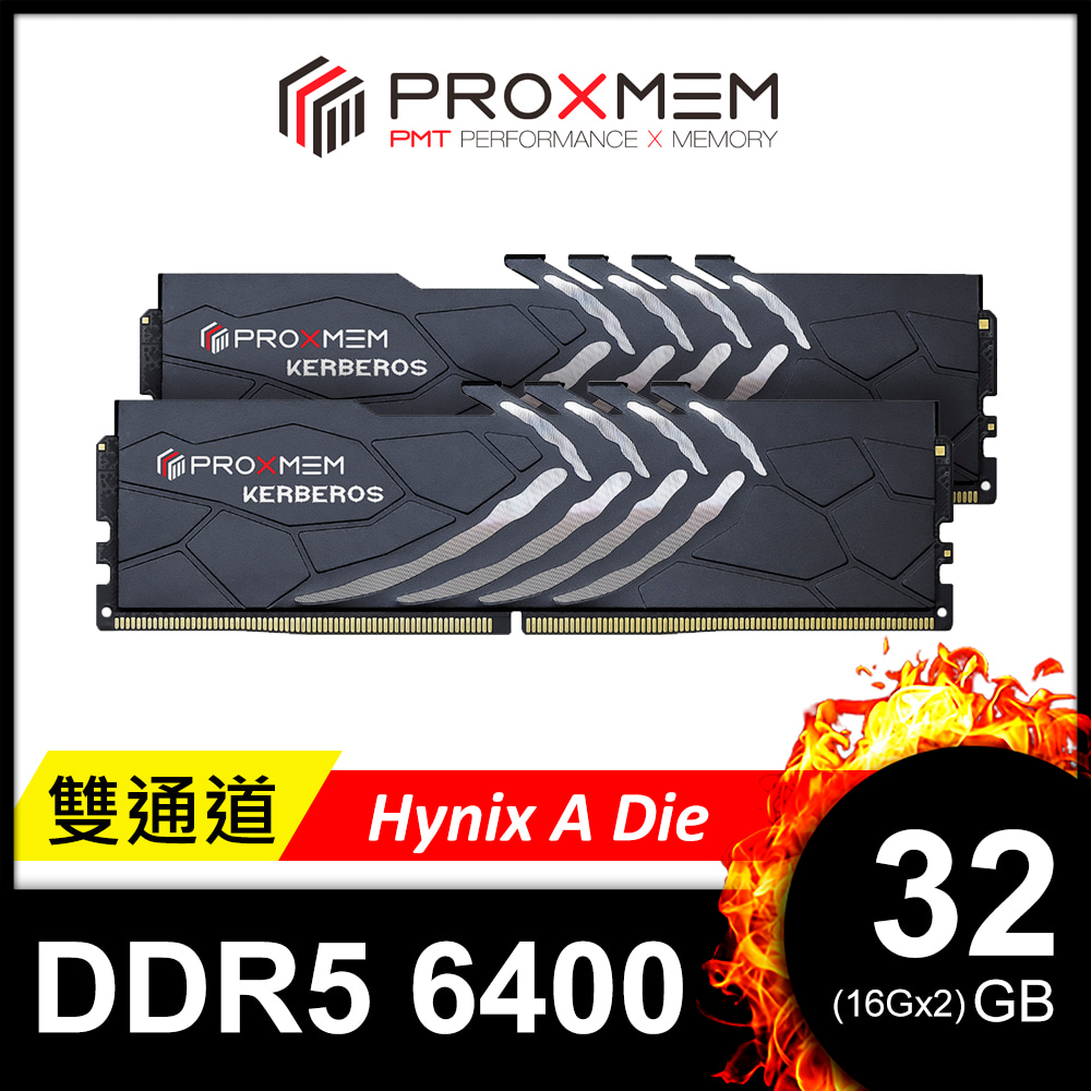 博德斯曼PROXMEM KERBEROS 地獄犬散熱片系列DDR5 6400/CL38 32GB(雙通16GBx2) 桌上型超頻記憶體