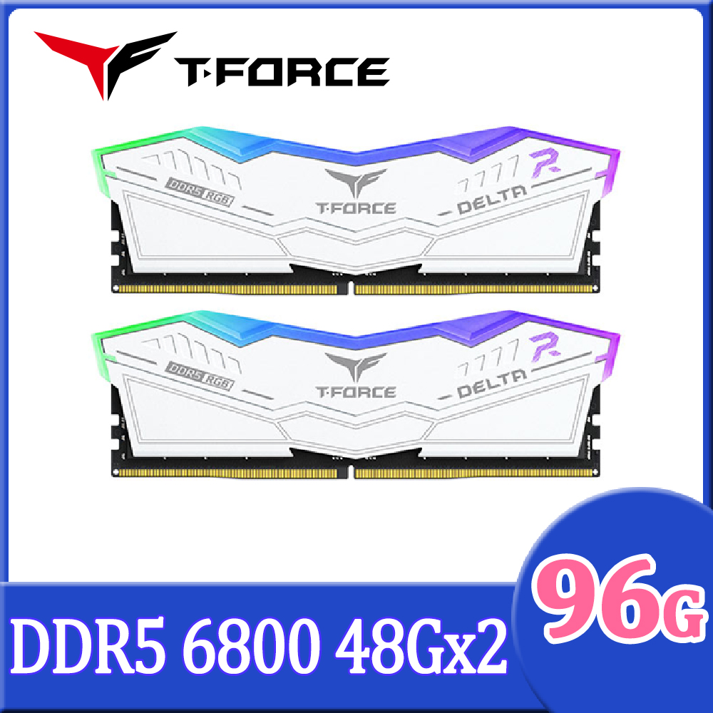 TEAM 十銓 T-FORCE DELTA RGB 炫光 DDR5 6800 96GB(48Gx2) CL36 白色 桌上型超頻記憶體