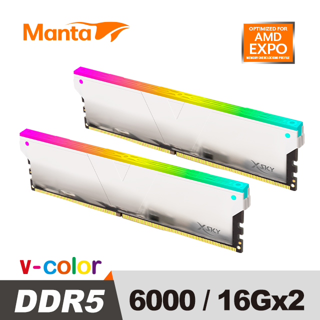 v-color 全何 MANTA XSKY系列 DDR5 6000 32GB(16GB*2)(AMD 專用)桌上型超頻記憶體 (銀)