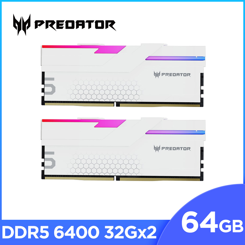 Acer Predator Hermes RGB DDR5-6400 64GB(32G*2)(CL32) 超頻桌上型記憶體(白色)