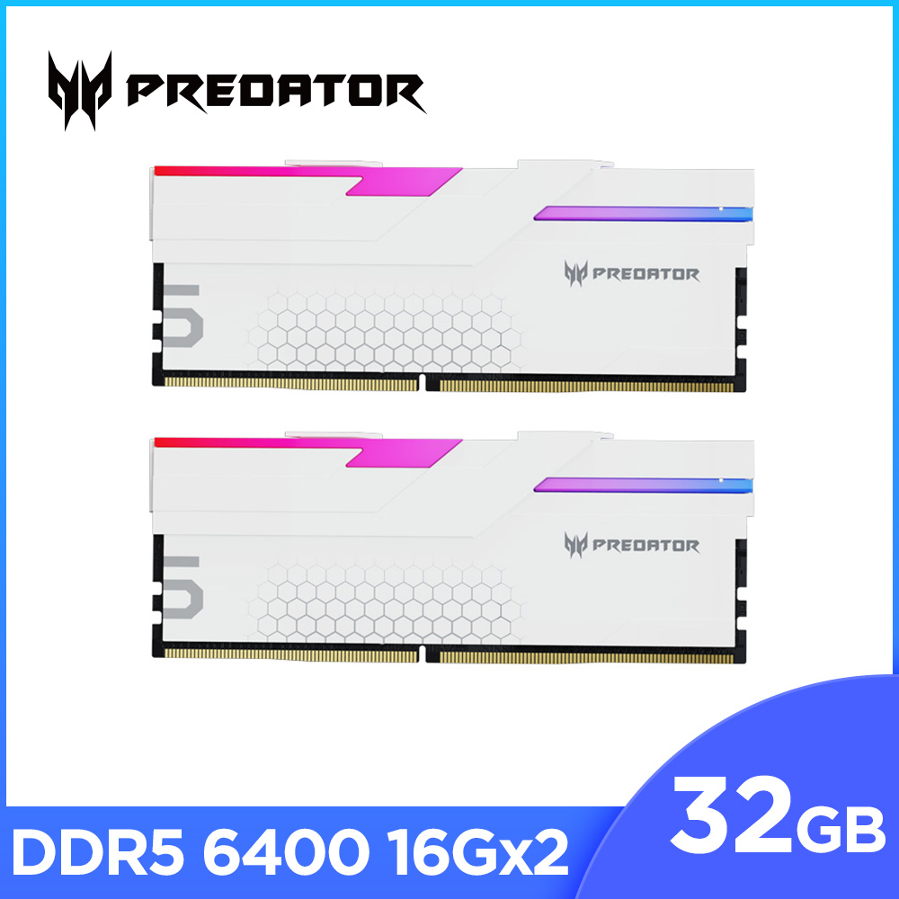 Acer Predator Hermes RGB DDR5-6400 32GB(16G*2)(CL32) 超頻桌上型記憶體(白色)