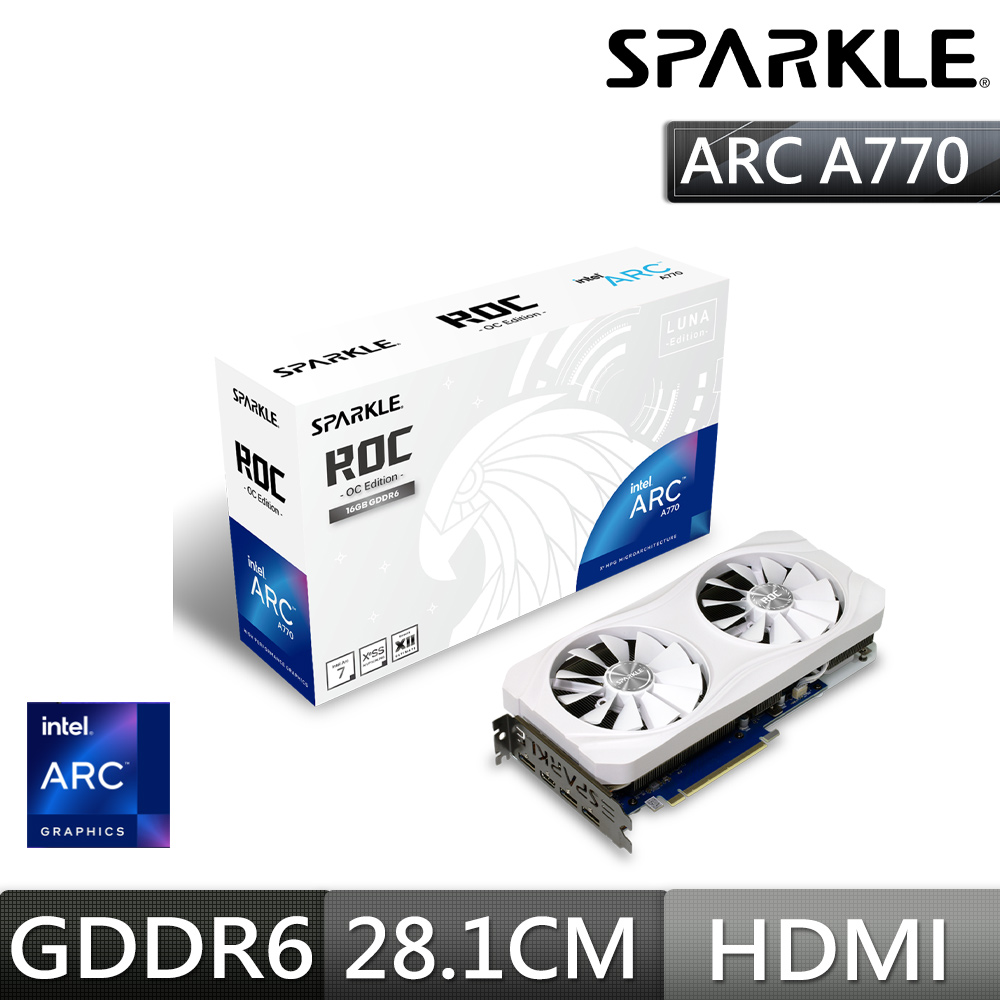 撼與SPARKLE Arc A770 ROC LUNA 16G GDDR6 白色顯示卡