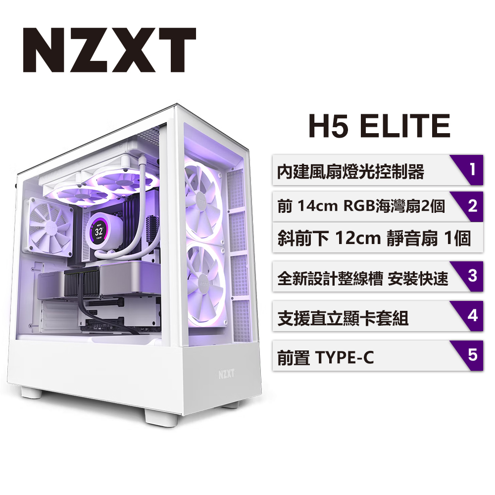 NZXT 美商恩傑 H5 Elite 全透側電腦機殼 (白色)
