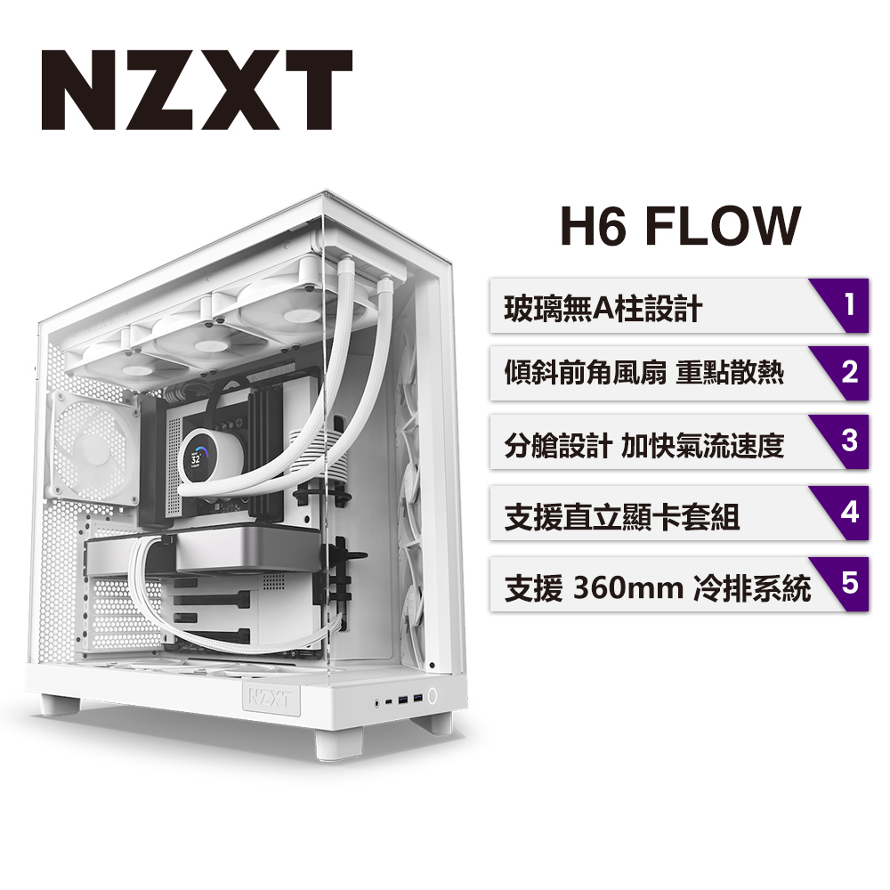 NZXT 美商恩傑 H6 Flow 電腦機殼 (白色)