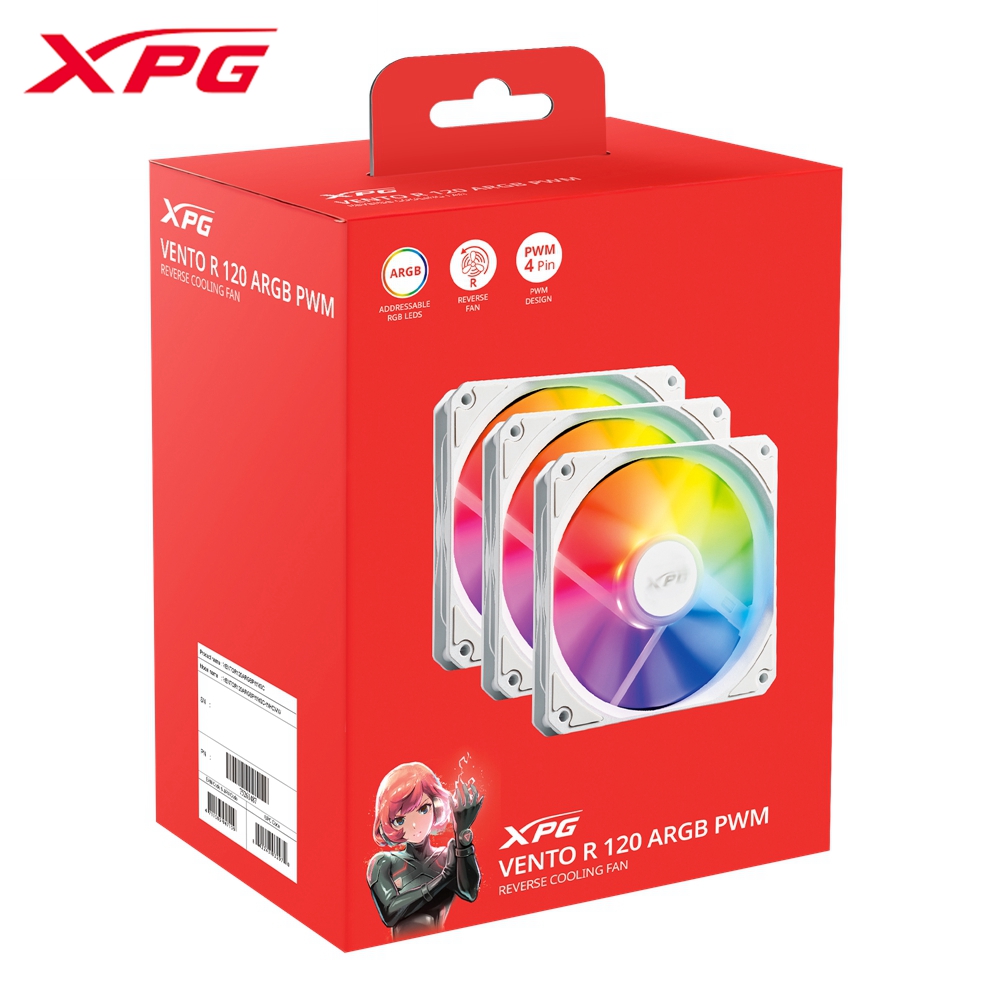 XPG威剛 VENTO R 120 ARGB PWM 反葉扇三入包 機殼風扇(白)