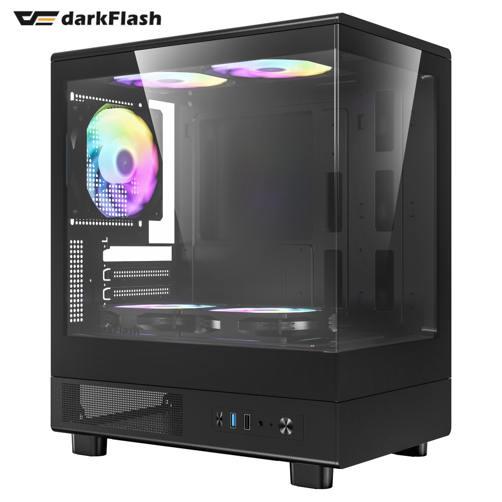 darkFlash大飛 MOTI Mini 鏡之小島 M-ATX 黑色機殼 (標配5顆固光風扇, 可關燈)