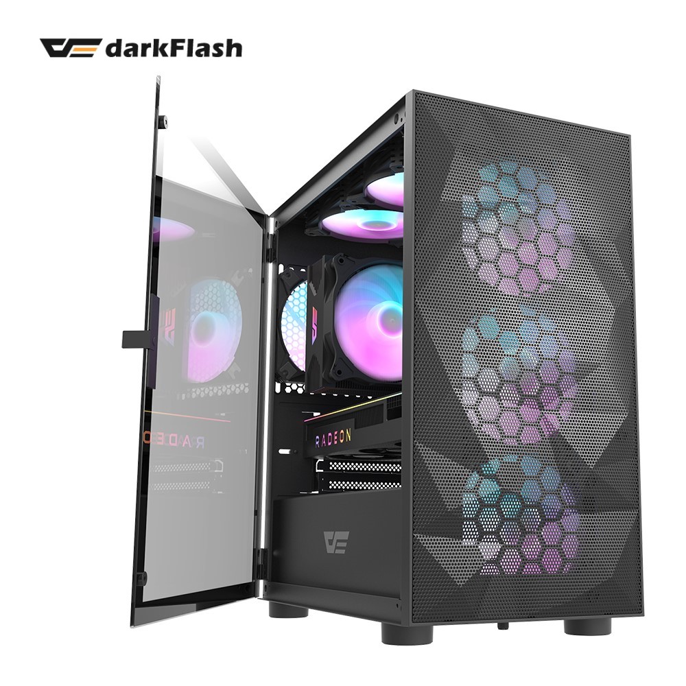 darkFlash大飛 DLM21 黑色 (鐵網版)M-ATX (預鎖四顆12公分A.RGB風扇)電腦機殼