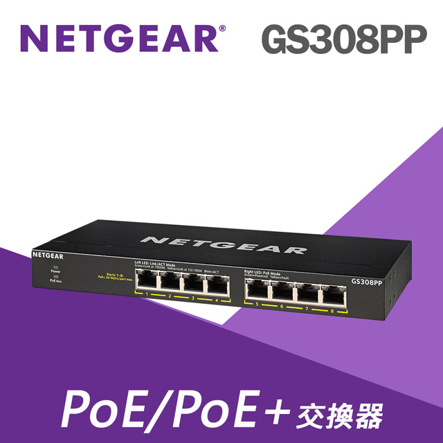 【電商限定】NETGEAR GS308PP 8埠 桌上型 Giga 1G PoE /PoE+交換器 隨插即用