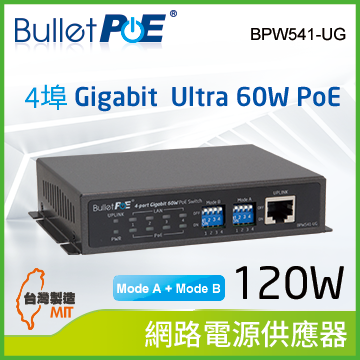 BulletPoE BPW541-UG120W 4-PORT Gigabit Ultra 60W PoE Switch 網路電源交換器