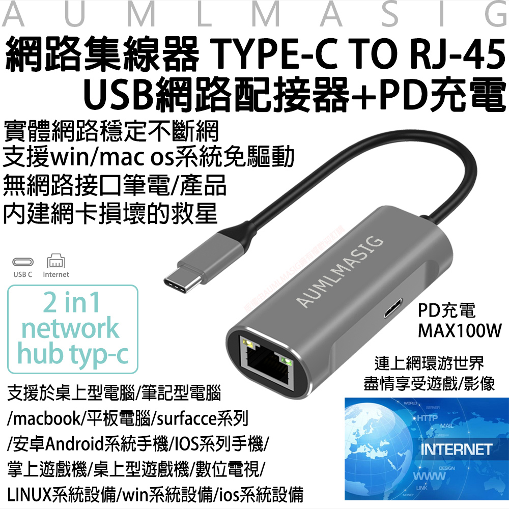 AUMLMASIG USB網路集線器TYPE-C TO RJ-45+PD100W充電 筆電網卡損壞充電的救星