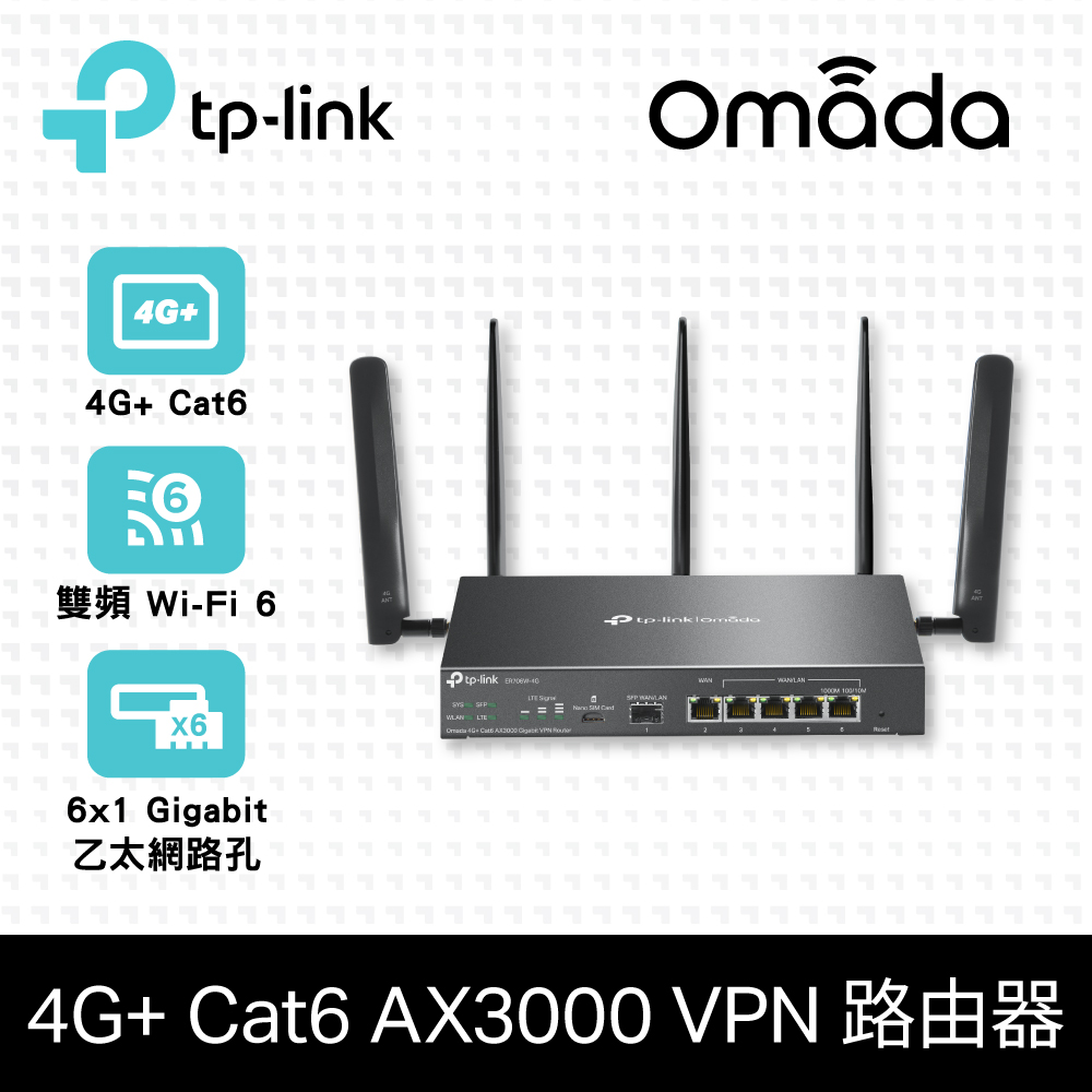 TP-Link ER706W-4G WiFi 6 Omada 4G+ Cat6 AX3000 雙頻Gigabit VPN路由器 雲端管理商用路由器(SFP WAN)